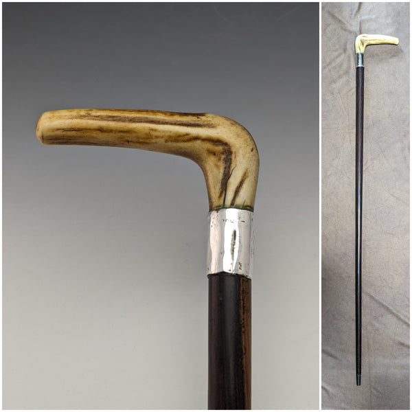 Circa 1900 British Antique Men's Cane Sterling Silver Decorated Antler Handle Brown Shaft 85.5cm